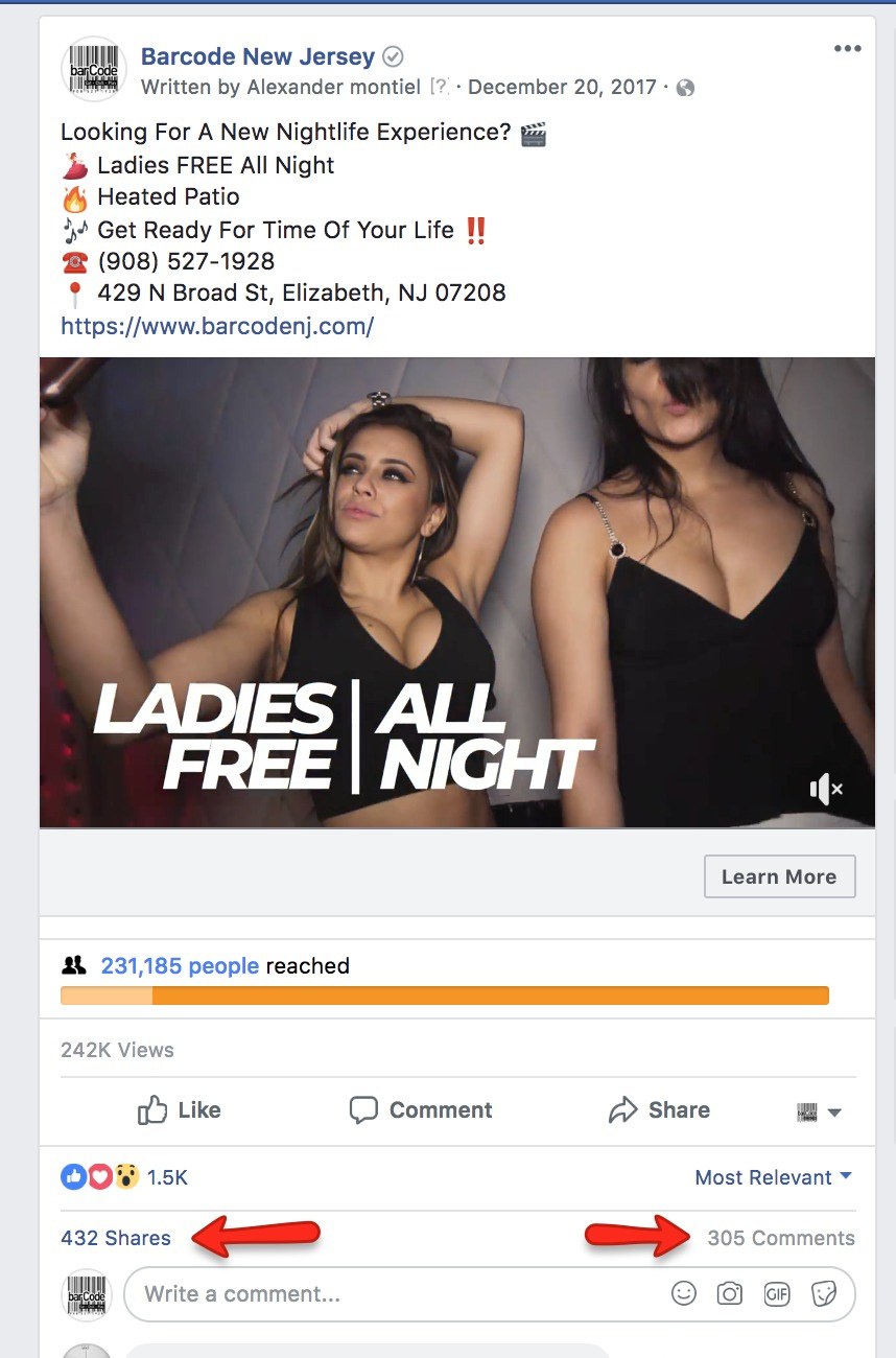 Facebook video ad for BarCode New Jersey: 231,185 people reached, 432 shares, 305 comments.