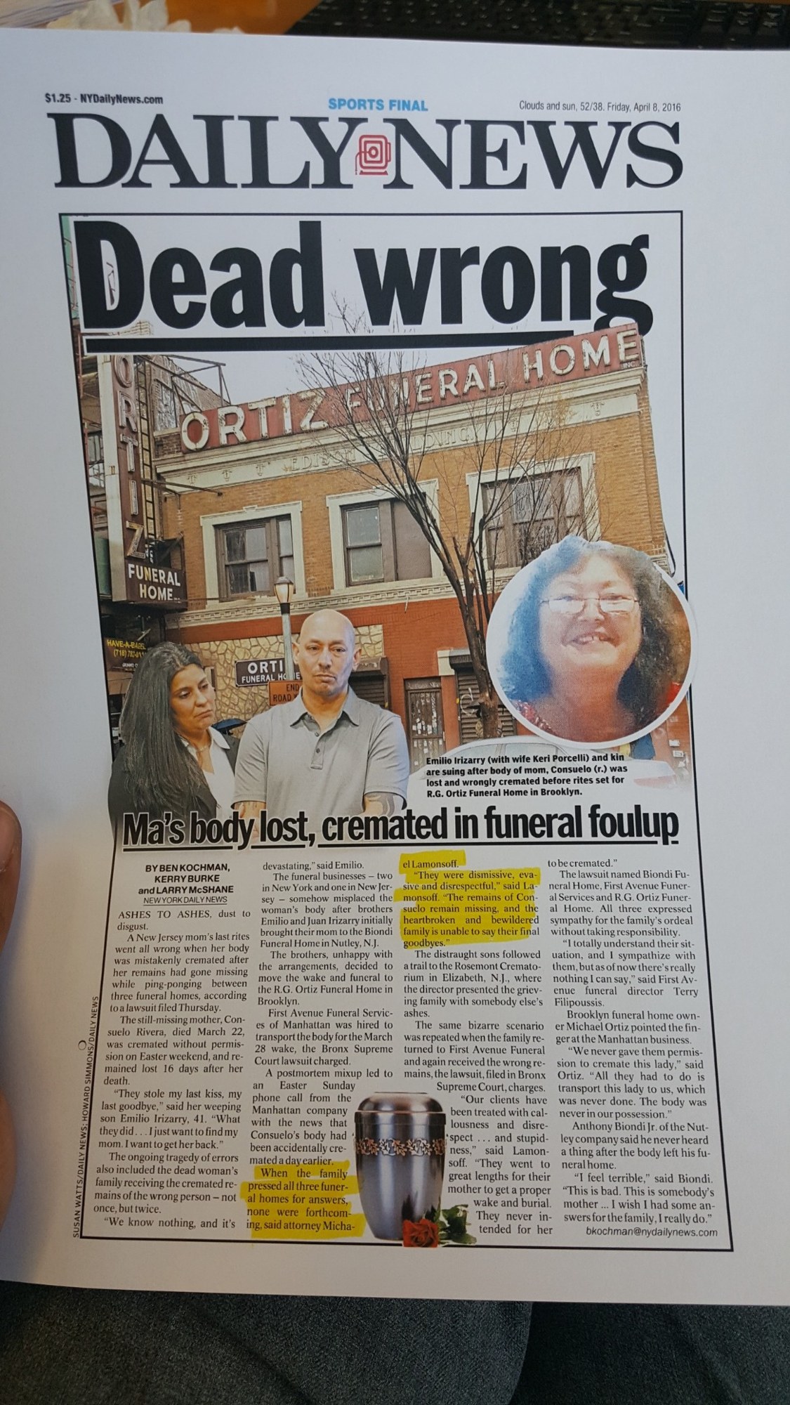 New York Daily News front page, April 8, 2016.