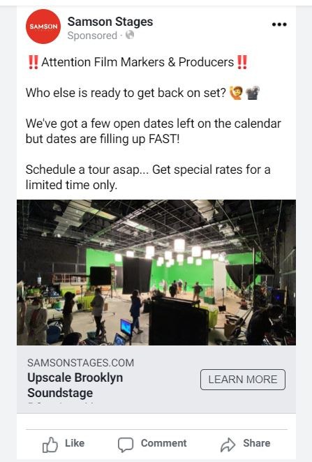 Facebook ad aimed at filmmakers and producers.